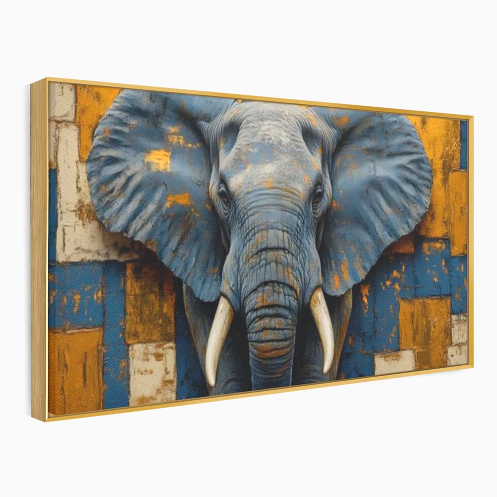 Tablou canvas cu tablou canvas cu cap de elefant, in rama de aluminiu auriu